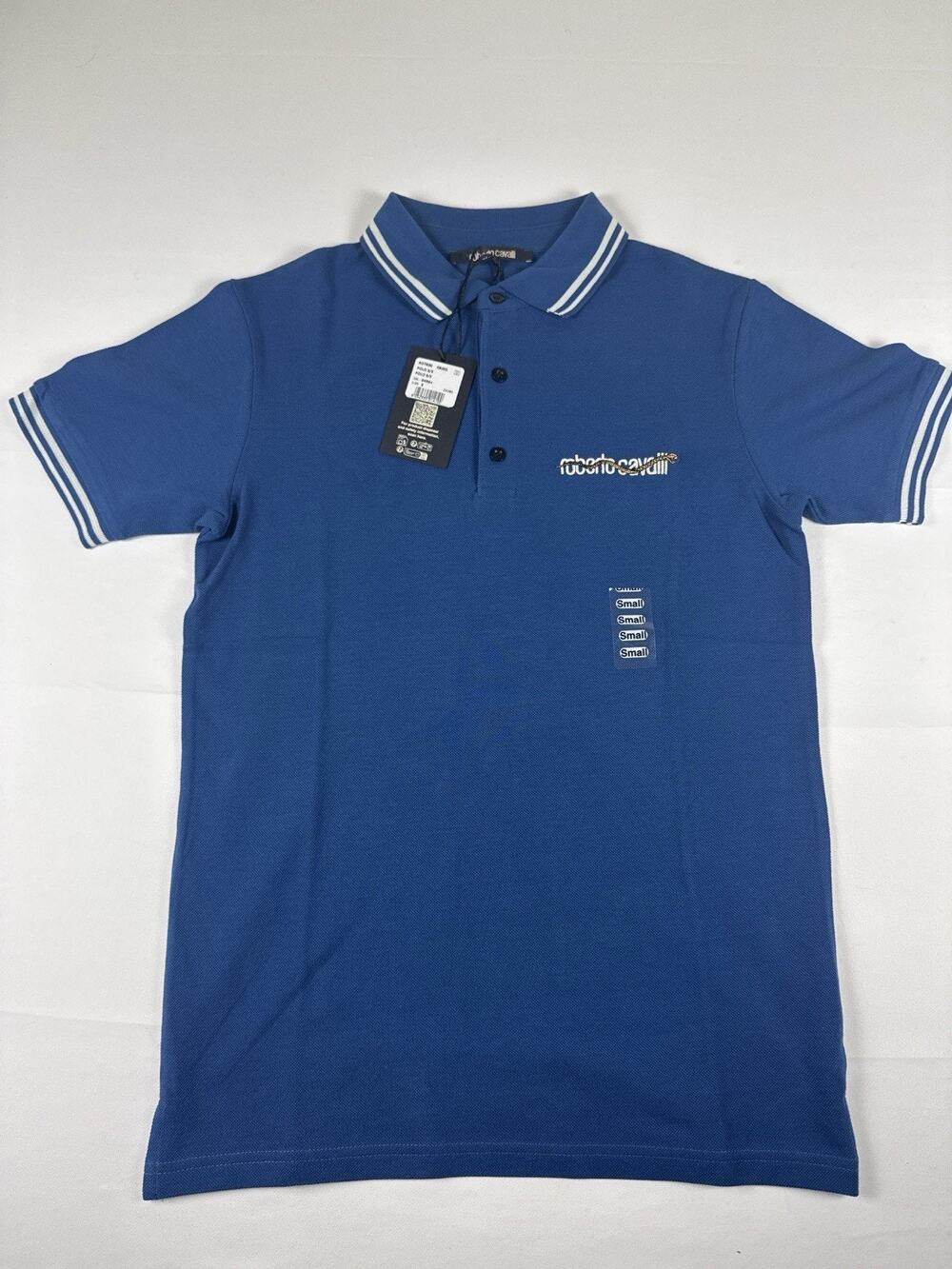 Roberto Cavalli Polo Shirt Men’s Small Blue Striped Collar NWT
